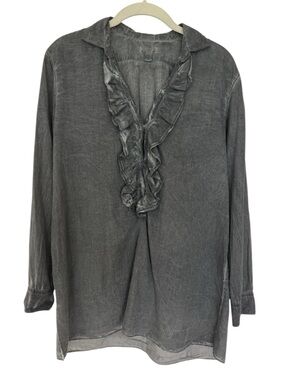 MASSIMO ALBA Washed Charcoal Ruffle V-Neck Women's Top